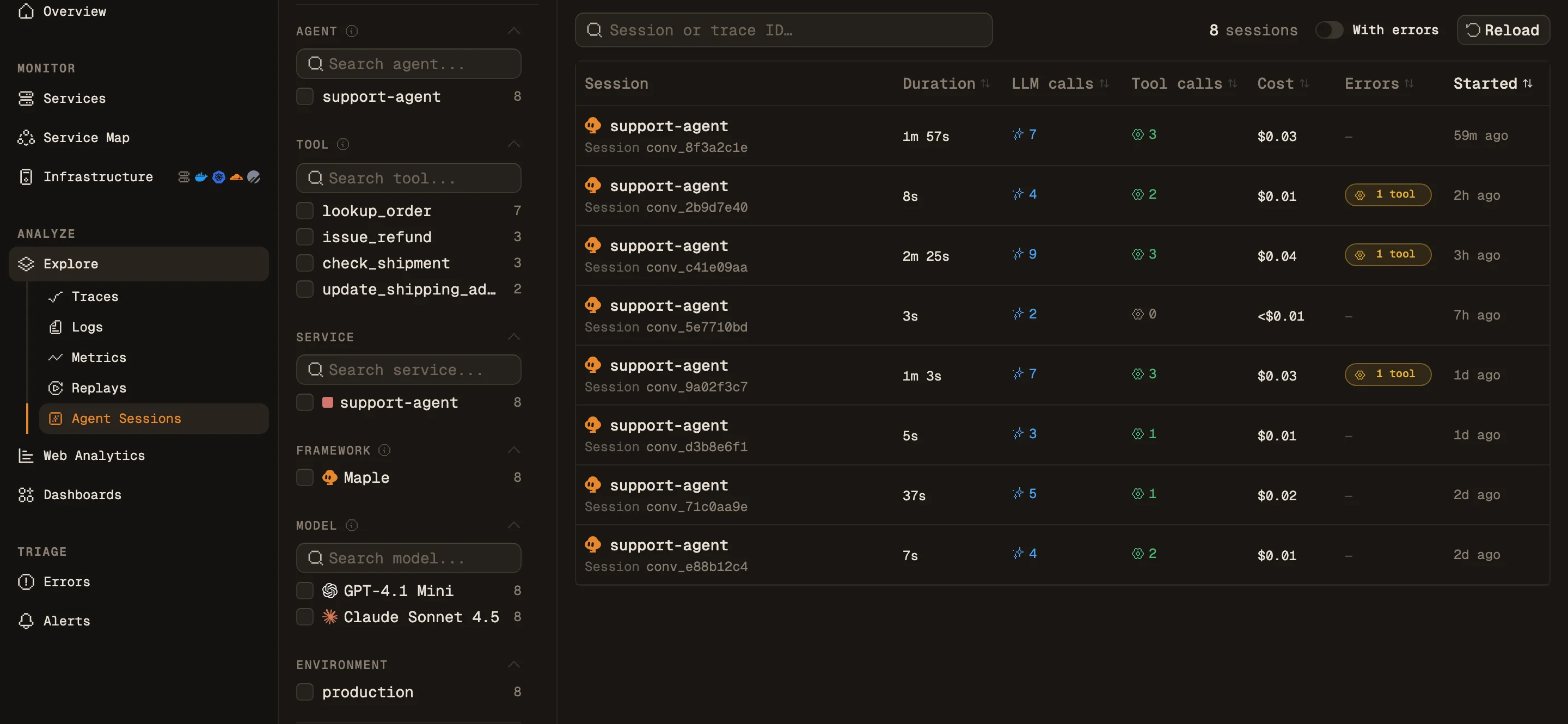The Agent Sessions list in Maple, one row per session with services, model, duration, LLM call and tool call counts, tokens, cost, errors and start time, and a filter sidebar on the left.